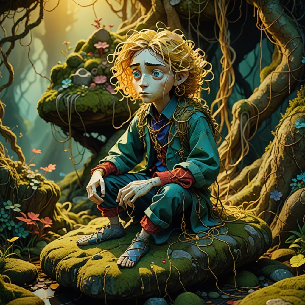 Tangled Puppet on Mossy Stone: Surreal Digital Art