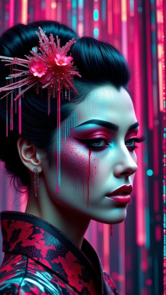 Cyberpunk Geisha in Binary Code Digital Rain