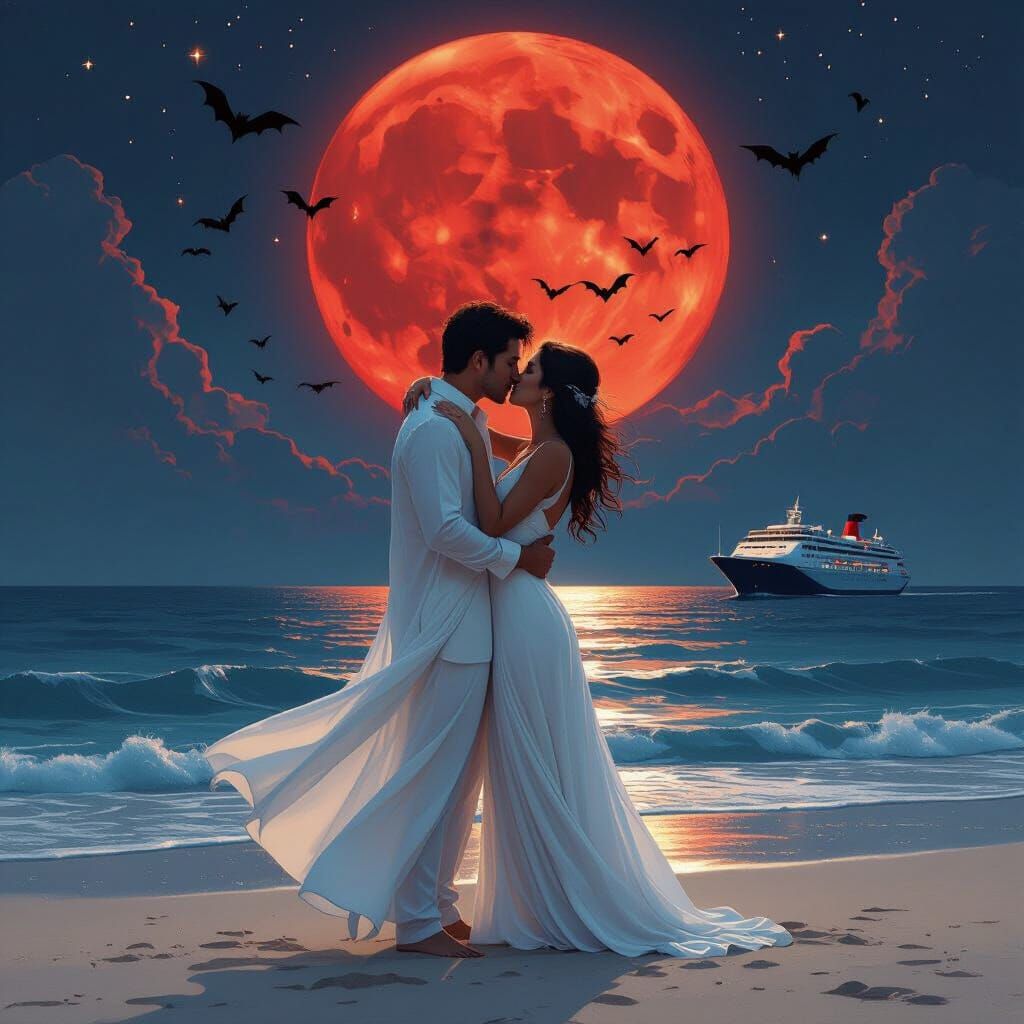Romantic Beach Kiss Under Blood Moon, Atmospheric Style