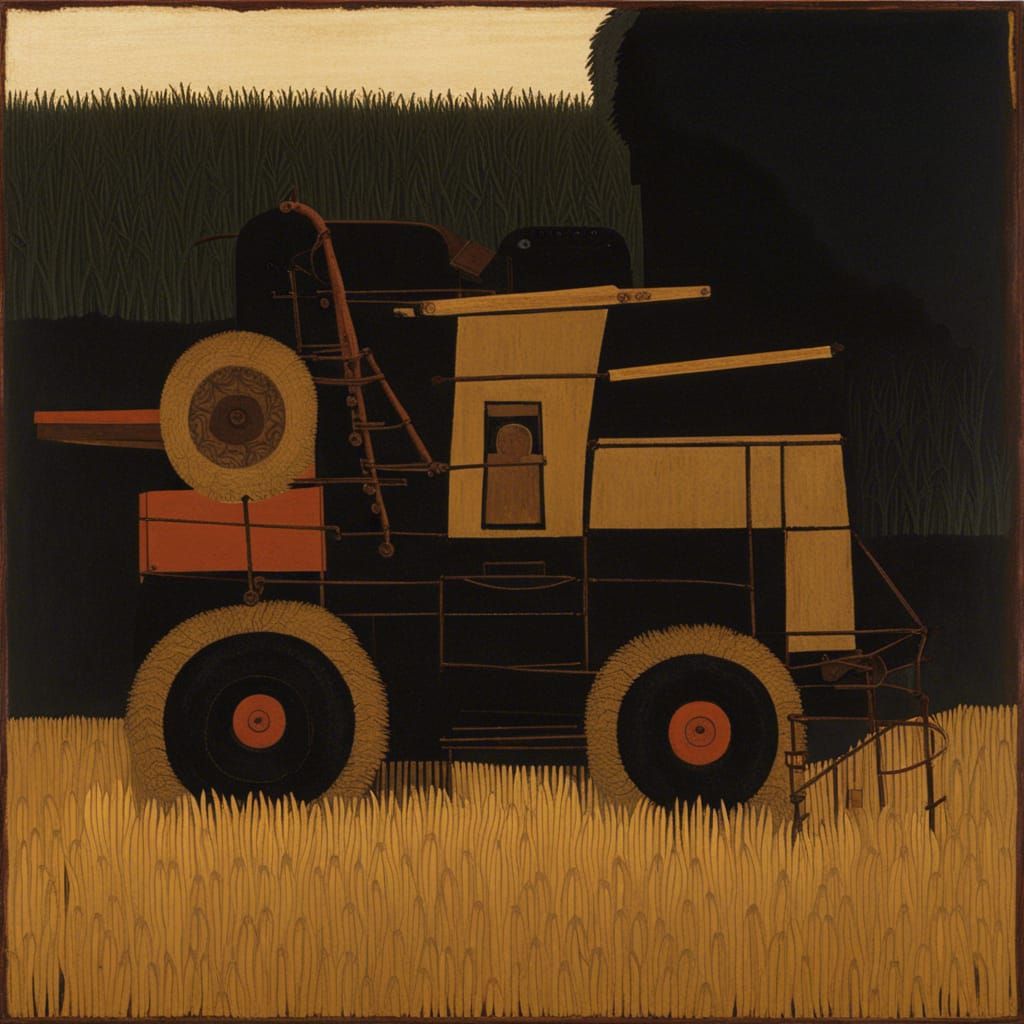 Combine Harvester in Folk Art Style