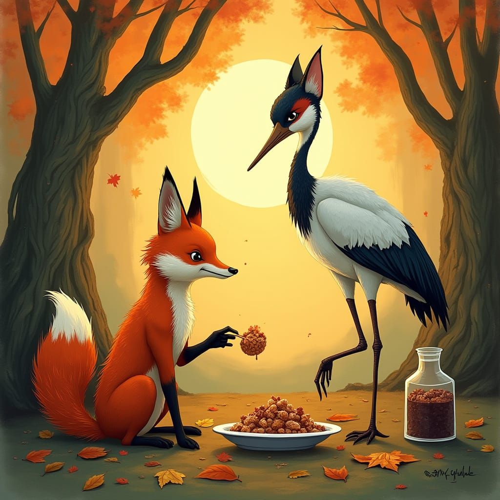 Surreal Fox and Crane Share Whimsical Autumn Feast