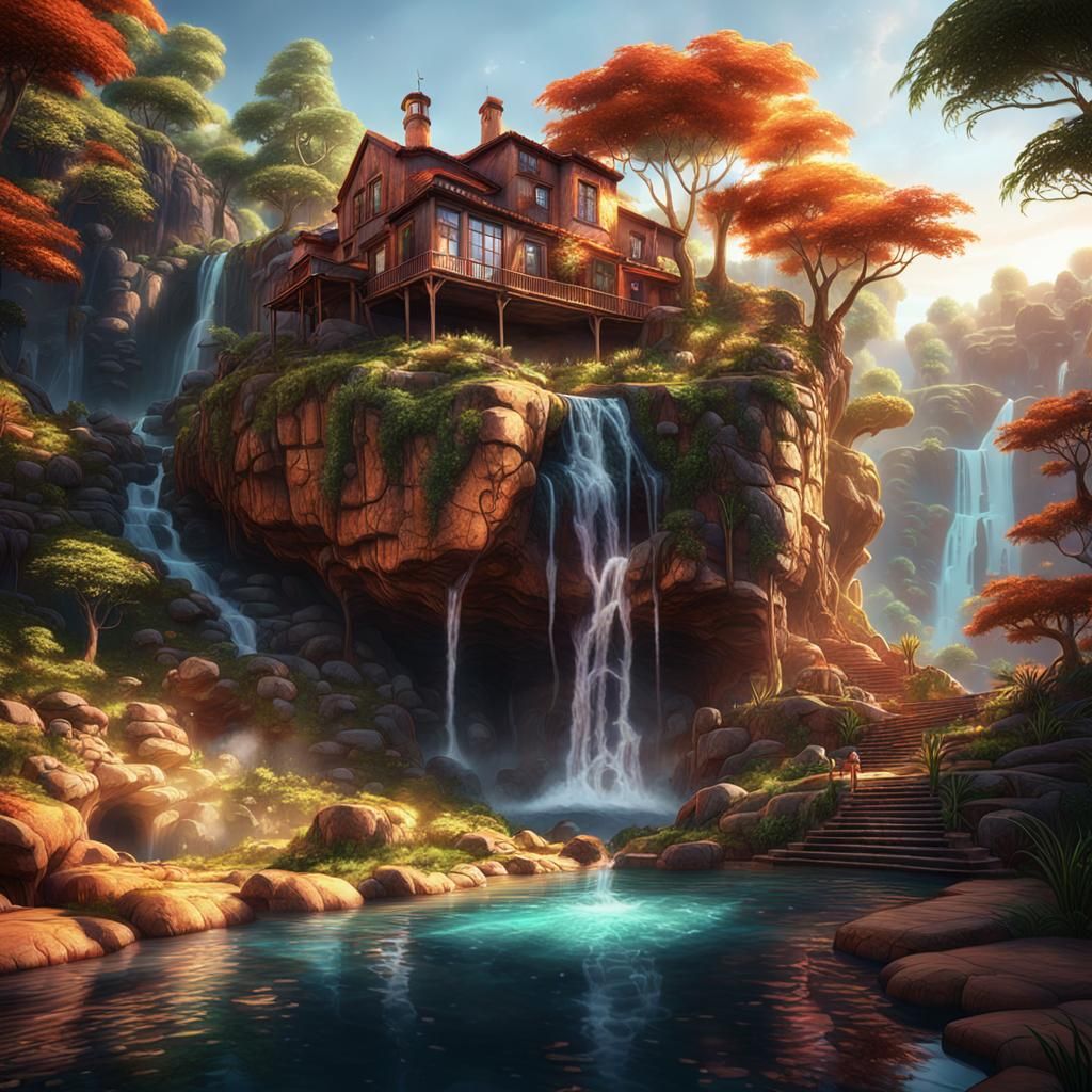 Cliffside House with Waterfall: Digital Matte Painting