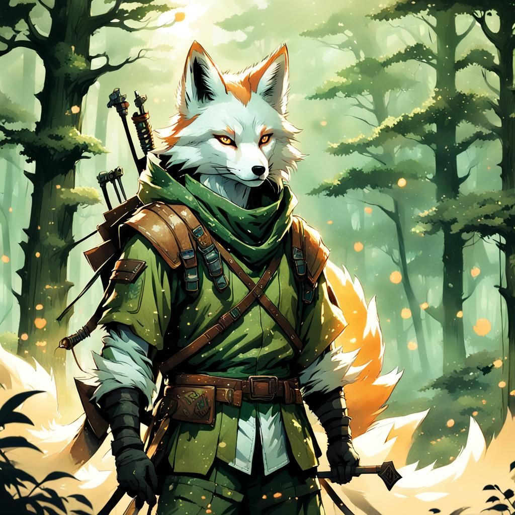 Kitsune Ranger in Misty Forest, Watercolor Art