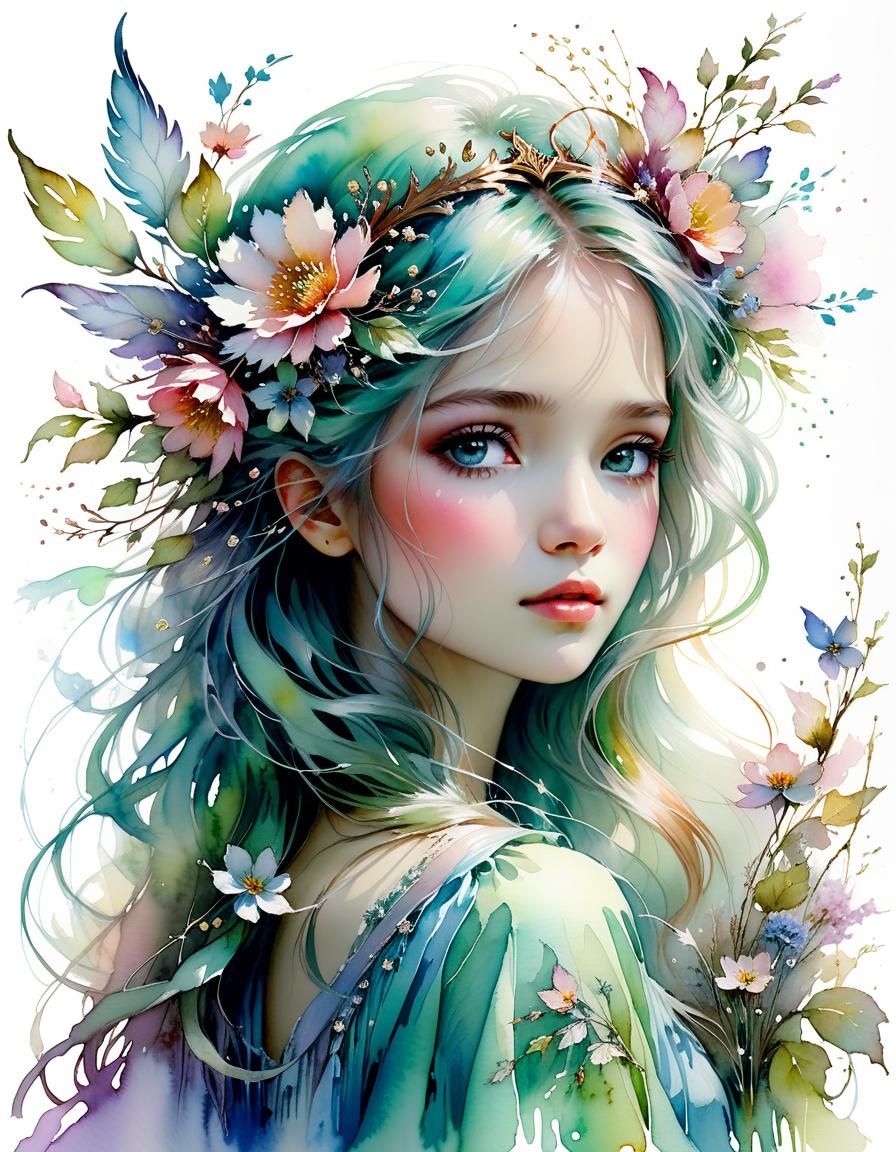 Fairycore Princess in Watercolor Fantasy Landscape