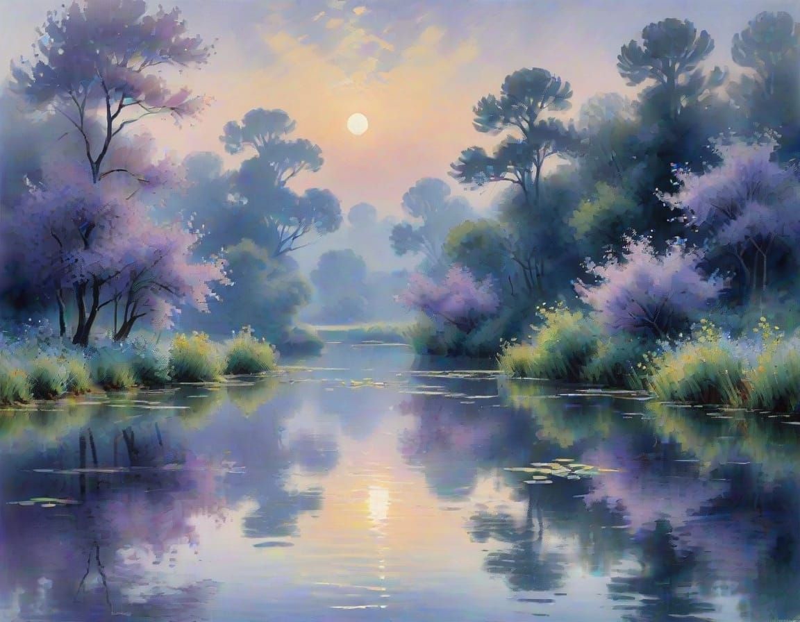 Lavender Dusk Landscape with Soft Moonlit Reflections