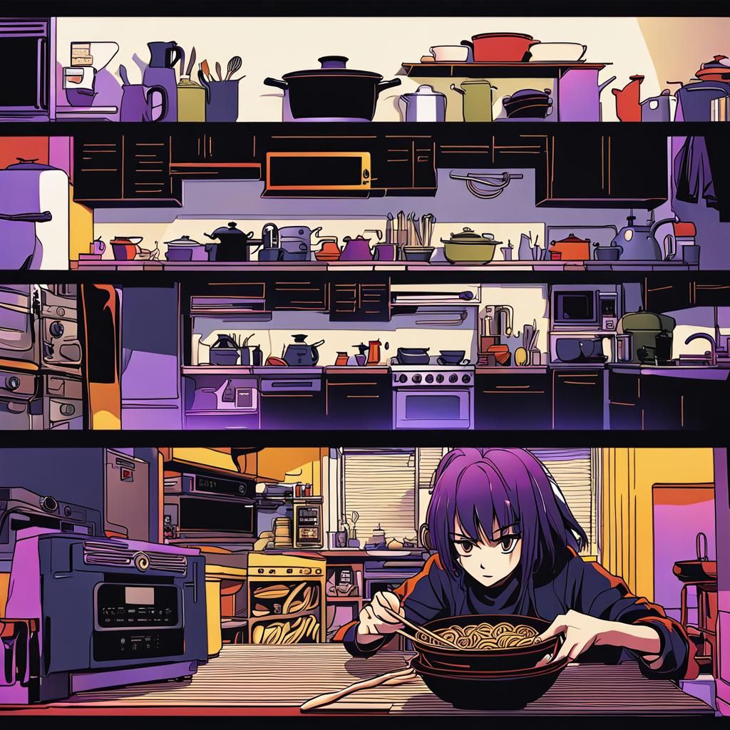 Anime Girl Making Ramen in Pop-Up Collage Style