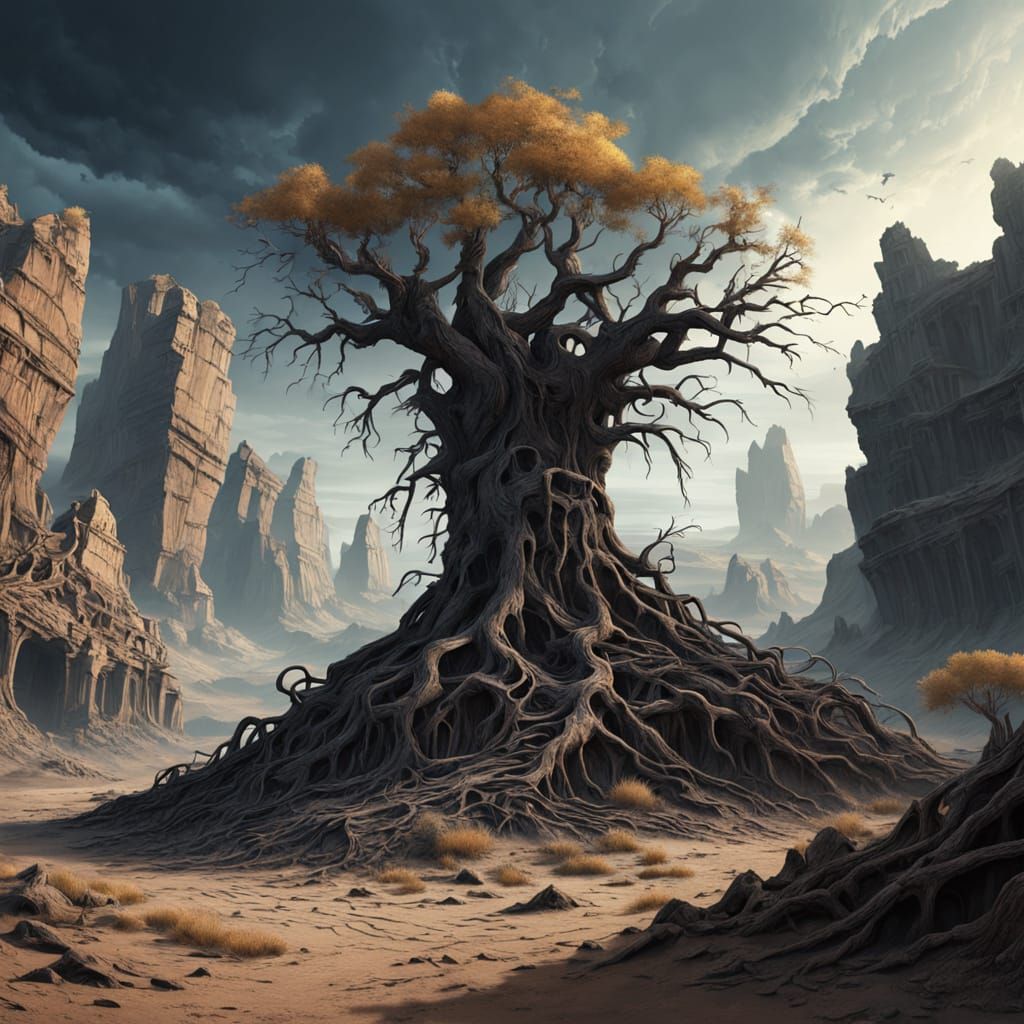 Epic Landscape Painting of Ancient Ruins in a Barren Wastela...