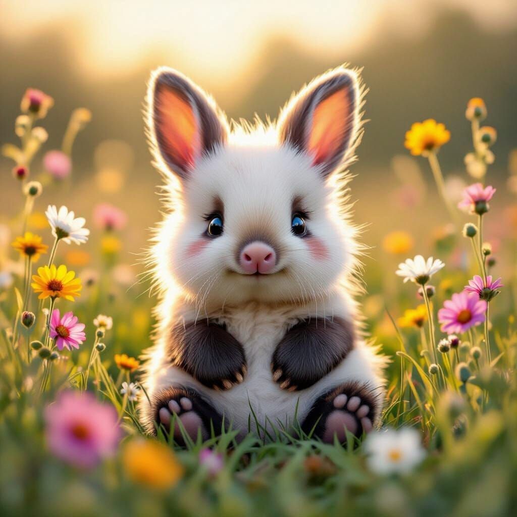 Adorable Pig-Bunny-Panda Hybrid in Wildflower Field