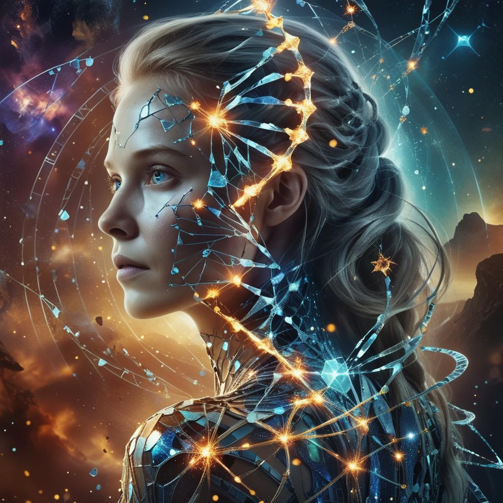 Cosmic DNA Portrait: Bioluminescent Neurons in Metallic Cell...