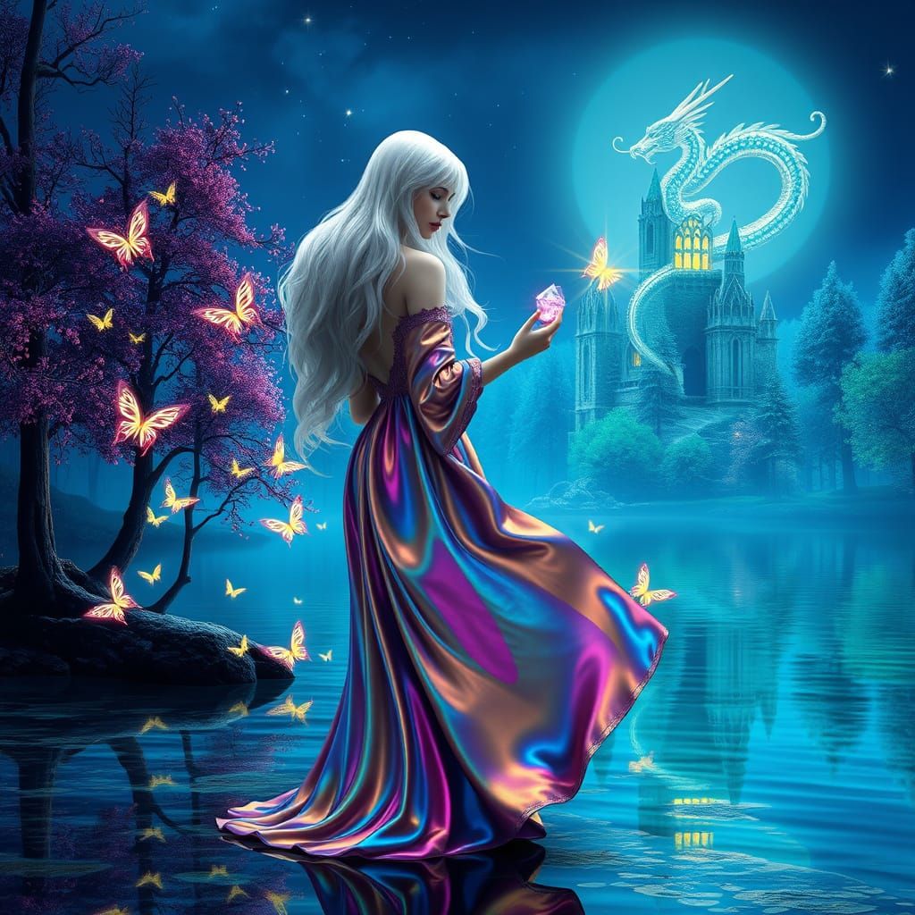 Silver-Haired Sorceress in Enchanted Moonlit Forest