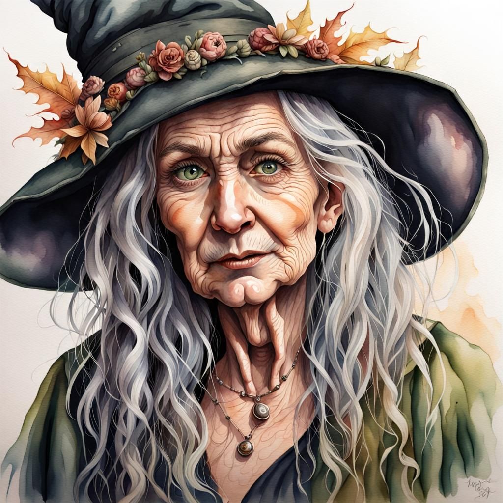 Whimsical Watercolour Portrait of an Old Witch