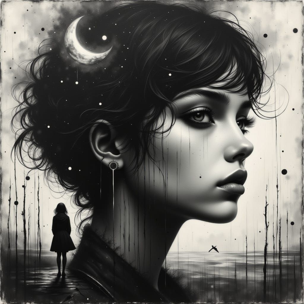 Double Exposure of a Sad Person Thinking