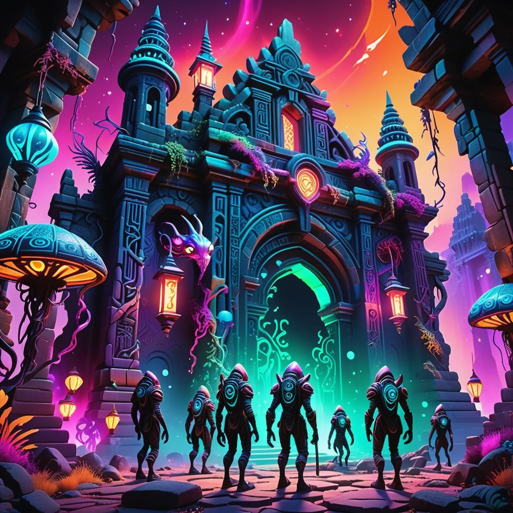 Alien Creatures Explore Mystical City in 3D Digital Art