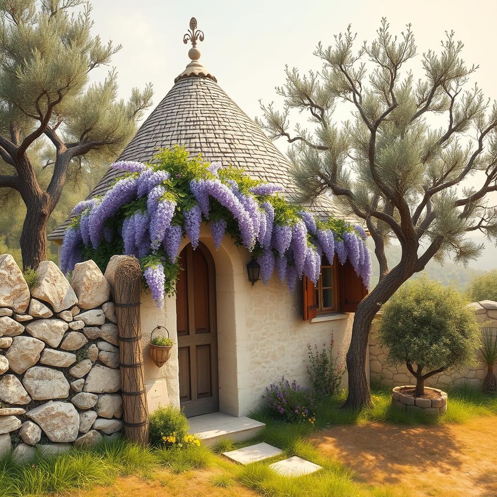 Italian Trullo with Wisteria in Impressionistic Style