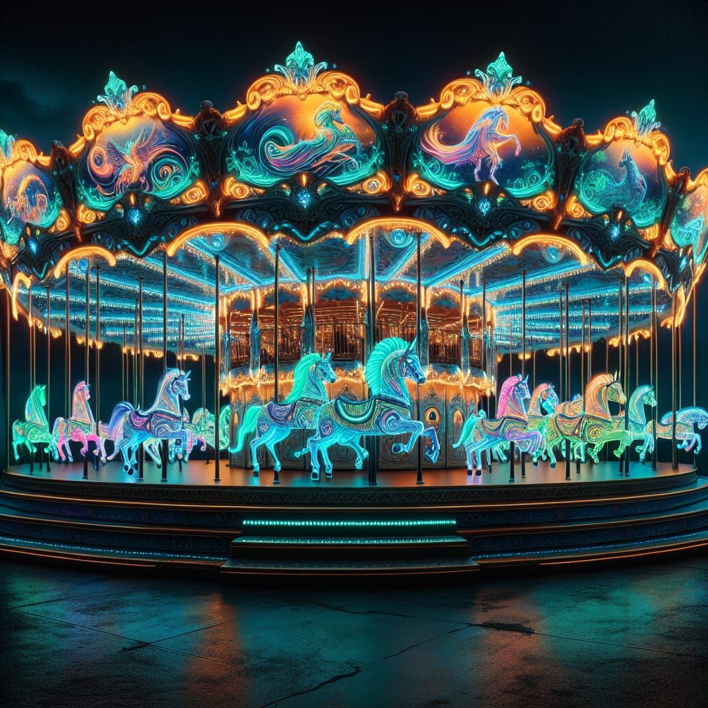 a hyperrealistic 5d bioluminestic carousel  with mythical cr...