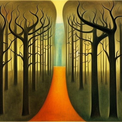 Surreal Forest Scene Inspired by Leonora Carrington
