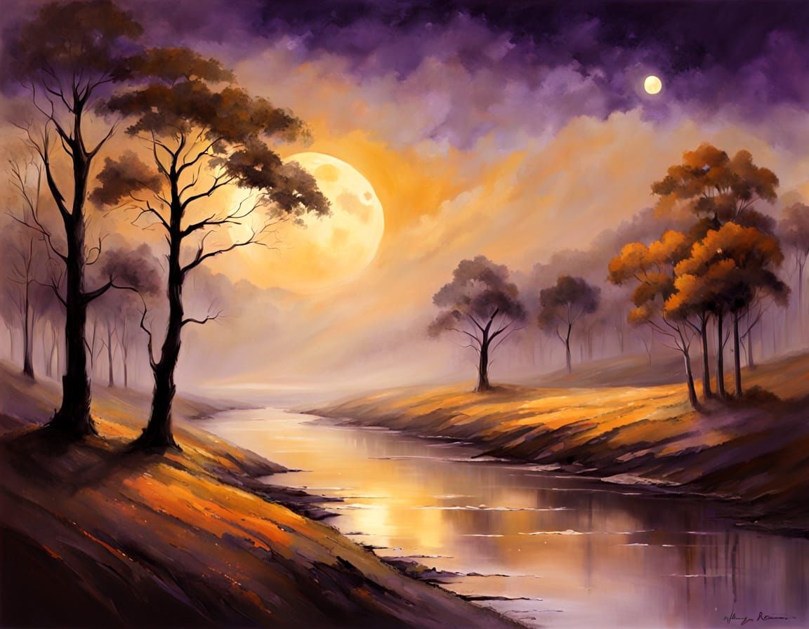 Moonlit Landscape in Earth Tones and Purple Hues