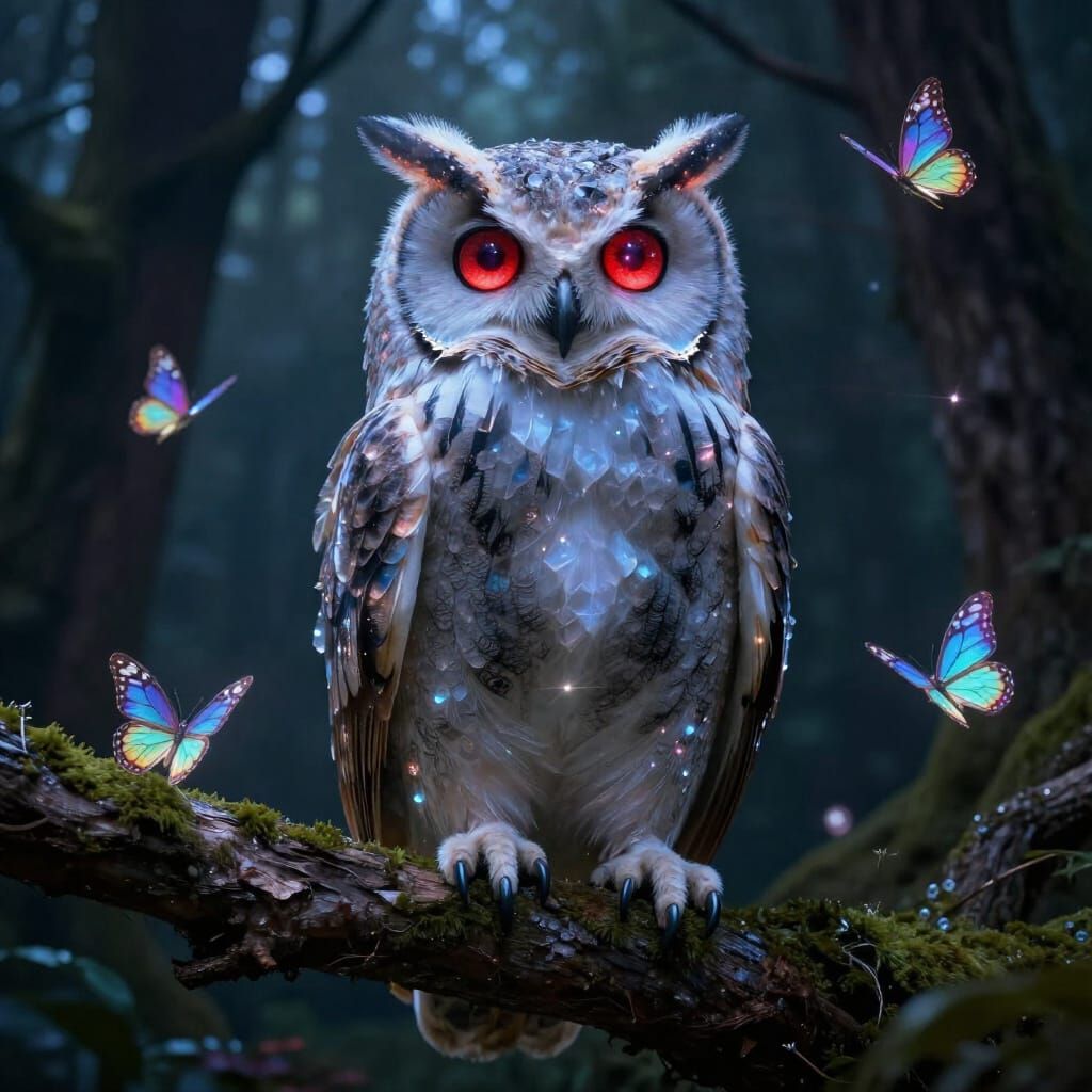 Ancient Owl with Crystal Feathers in Enchanted Forest