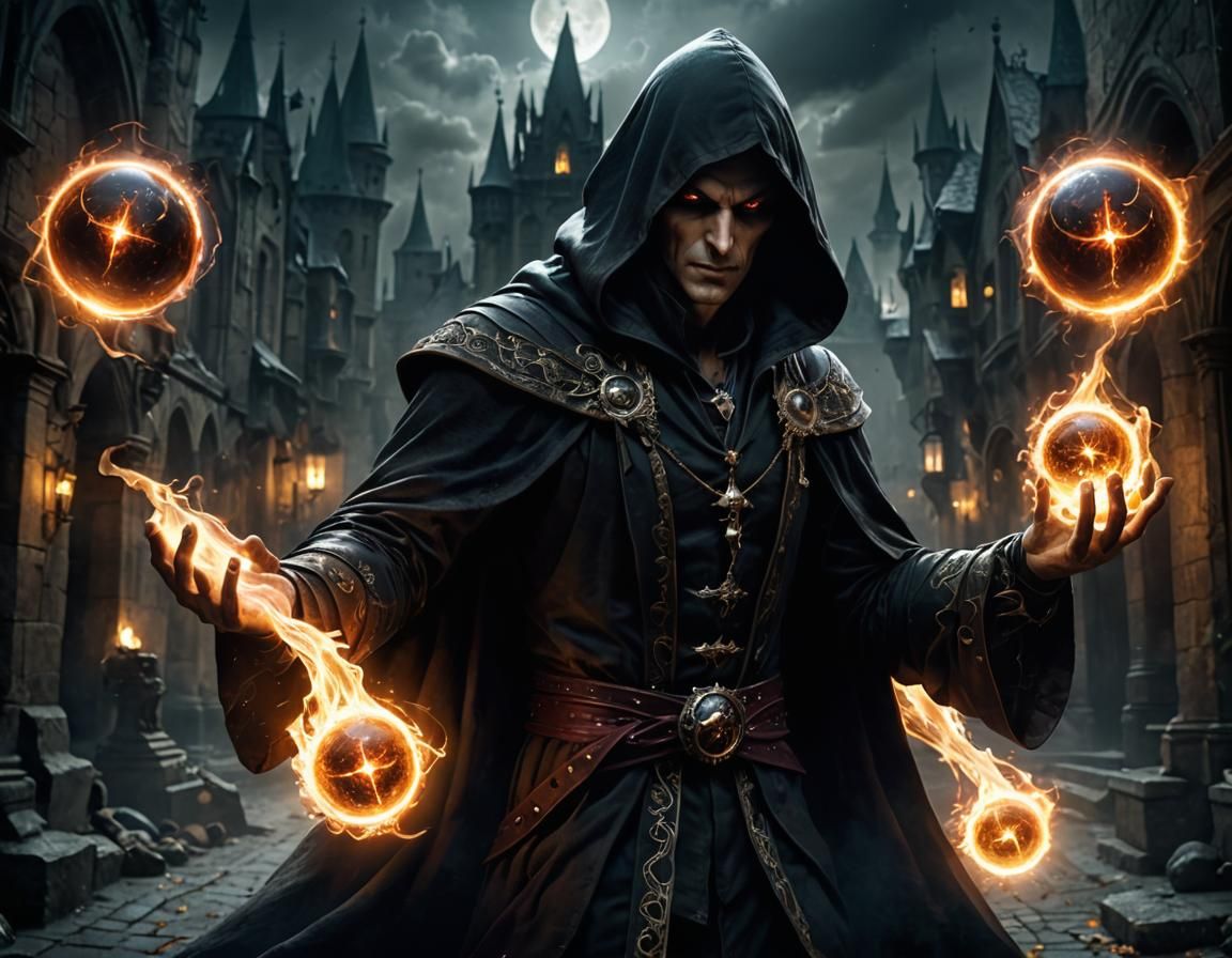 Dark Sorcerer with Energy Orbs in Photorealistic Style