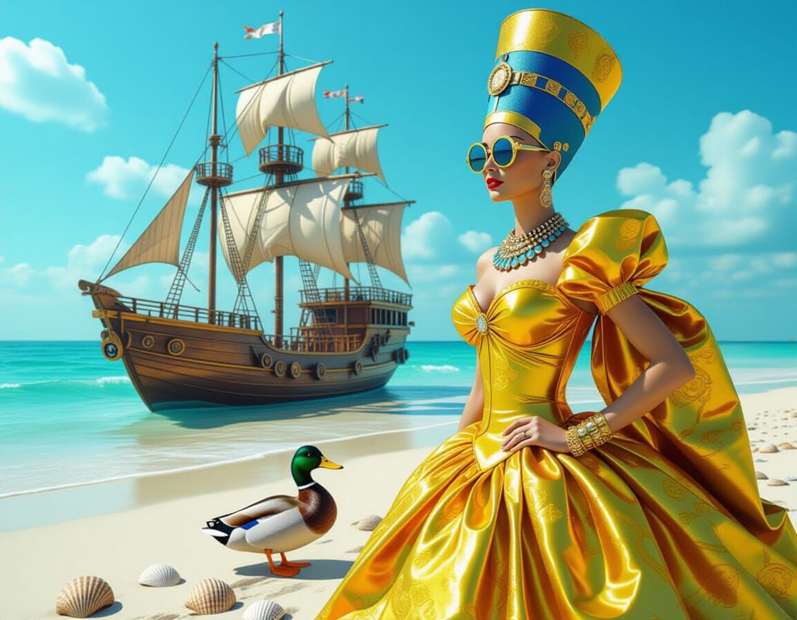 Nefertiti's Steampunk Beach Vacation in Gold Rainbow Dress