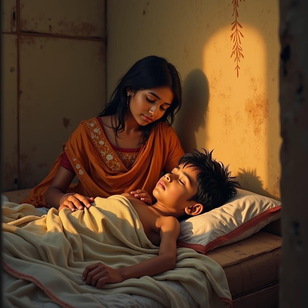 Indian Mother Wakes Son in Humble Home, Digital Art