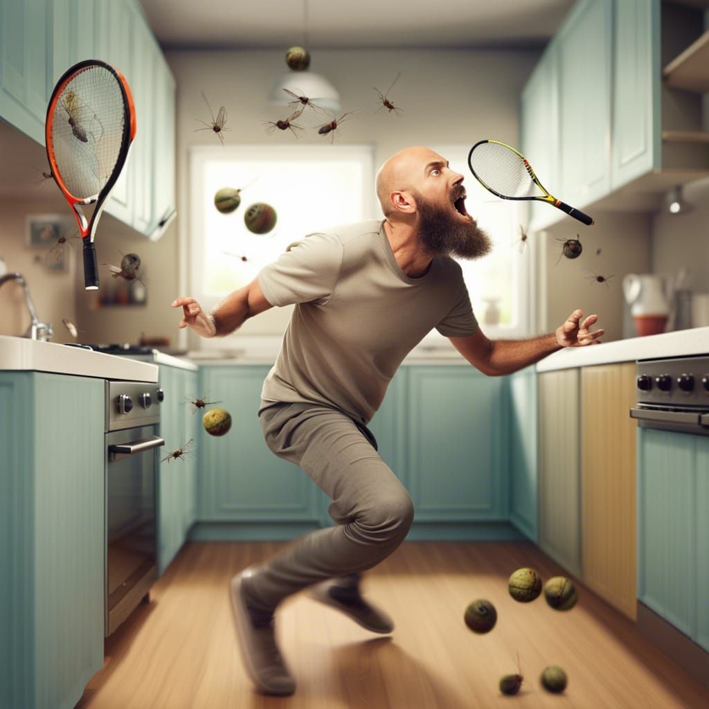 Hyperrealistic Bald Man Versus Flies in Kitchen