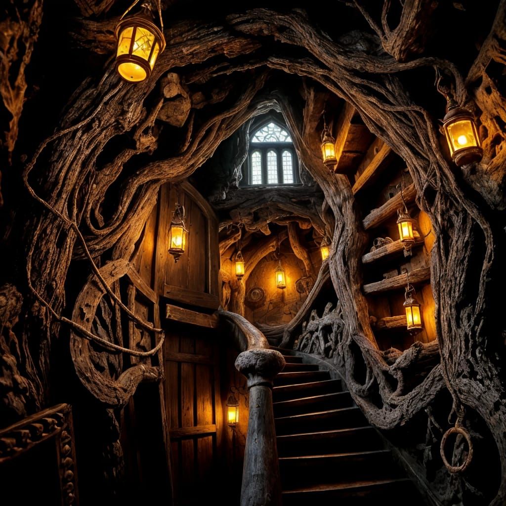 Enchanted Staircase Inside Ancient Tree with Lanterns