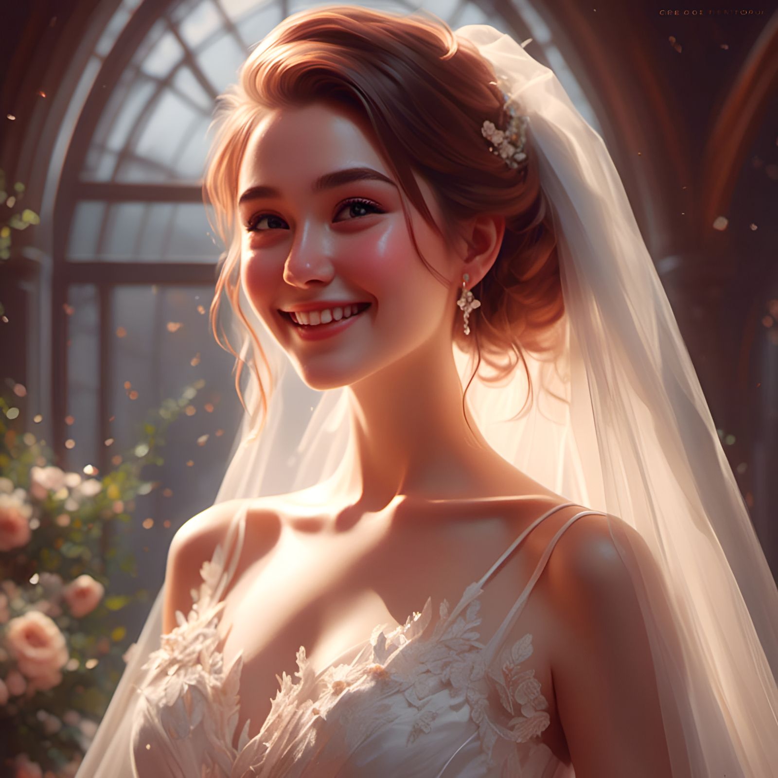 Beautiful Happy Bride in Intricate Wedding Dress