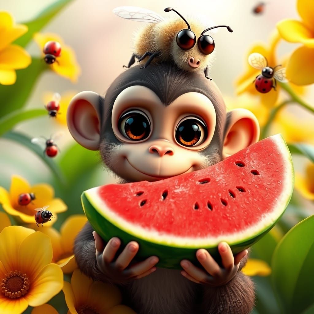 Cute Monkey with Watermelon and Bee, Pixar Style