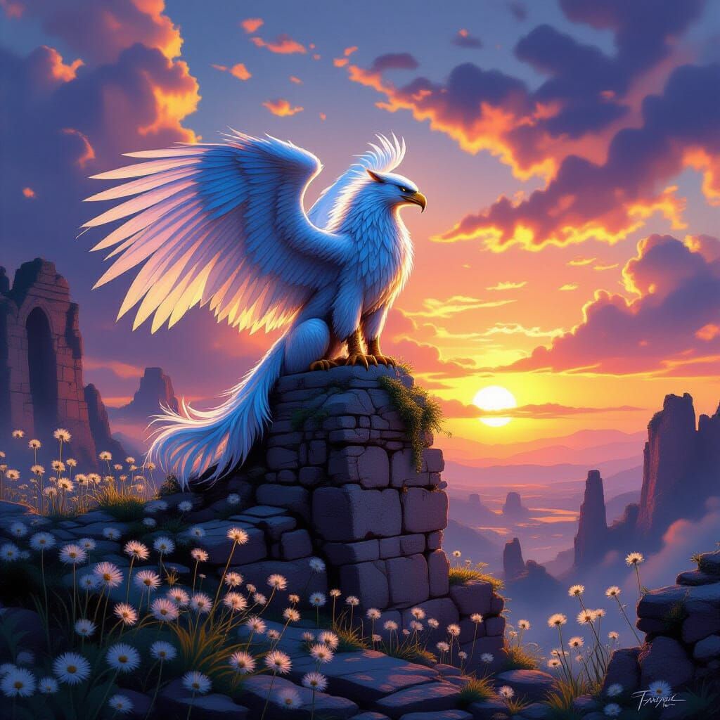 Majestic Griffin on Ancient Ruin at Sunset