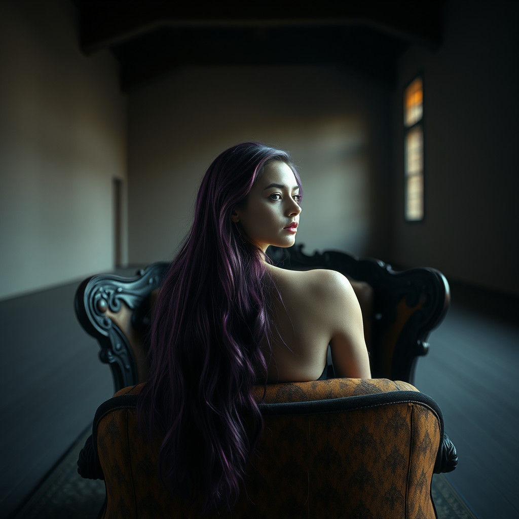 Woman with Purple Hair in Dimly Lit Room