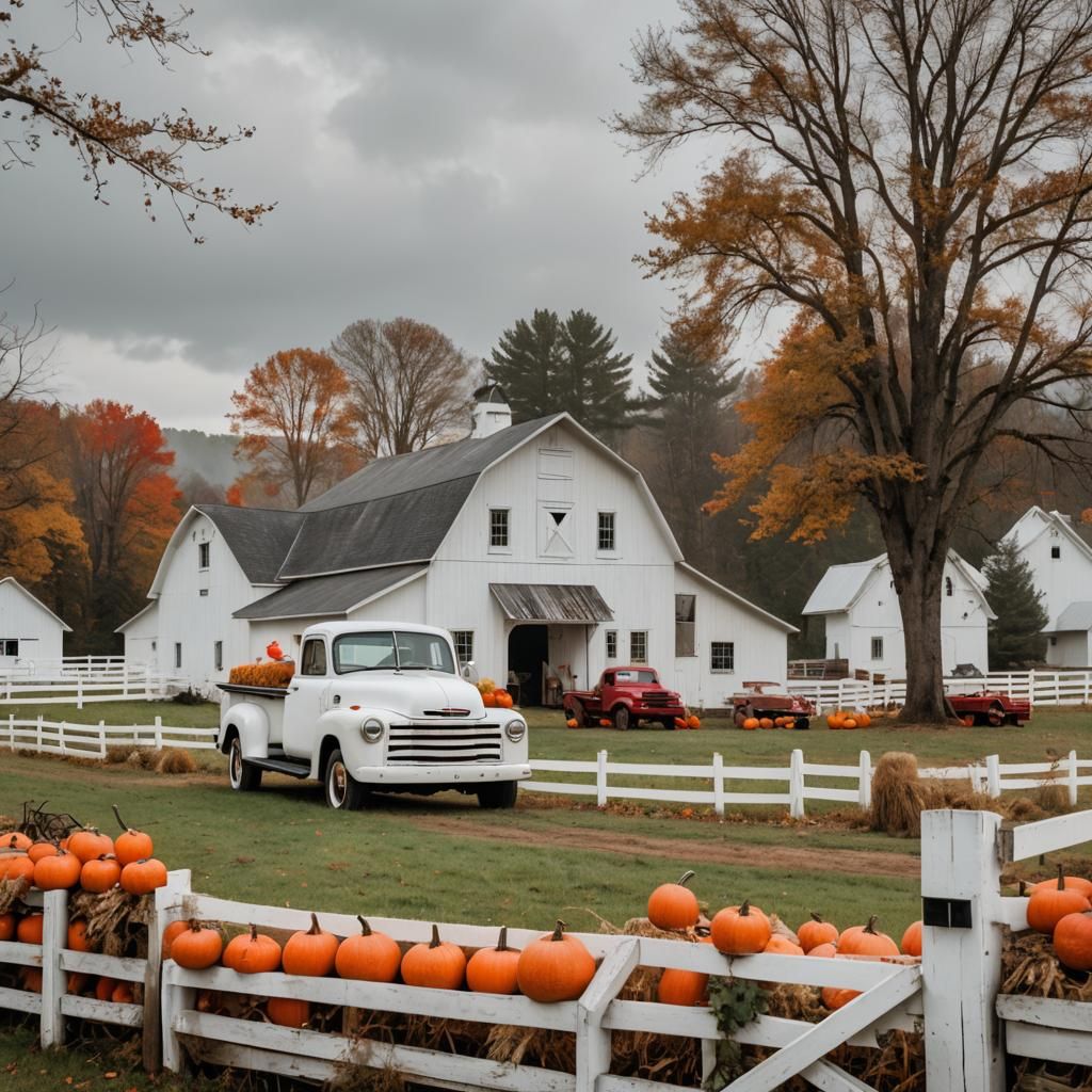 Autumn Farm Scene with Red Truck and Barn