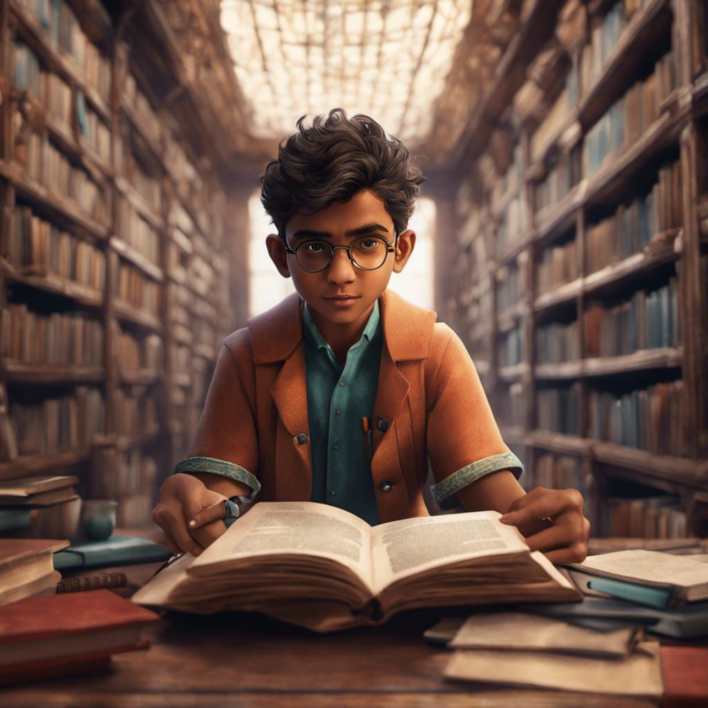 Indian Boy Studying in Library: Fantasy Art
