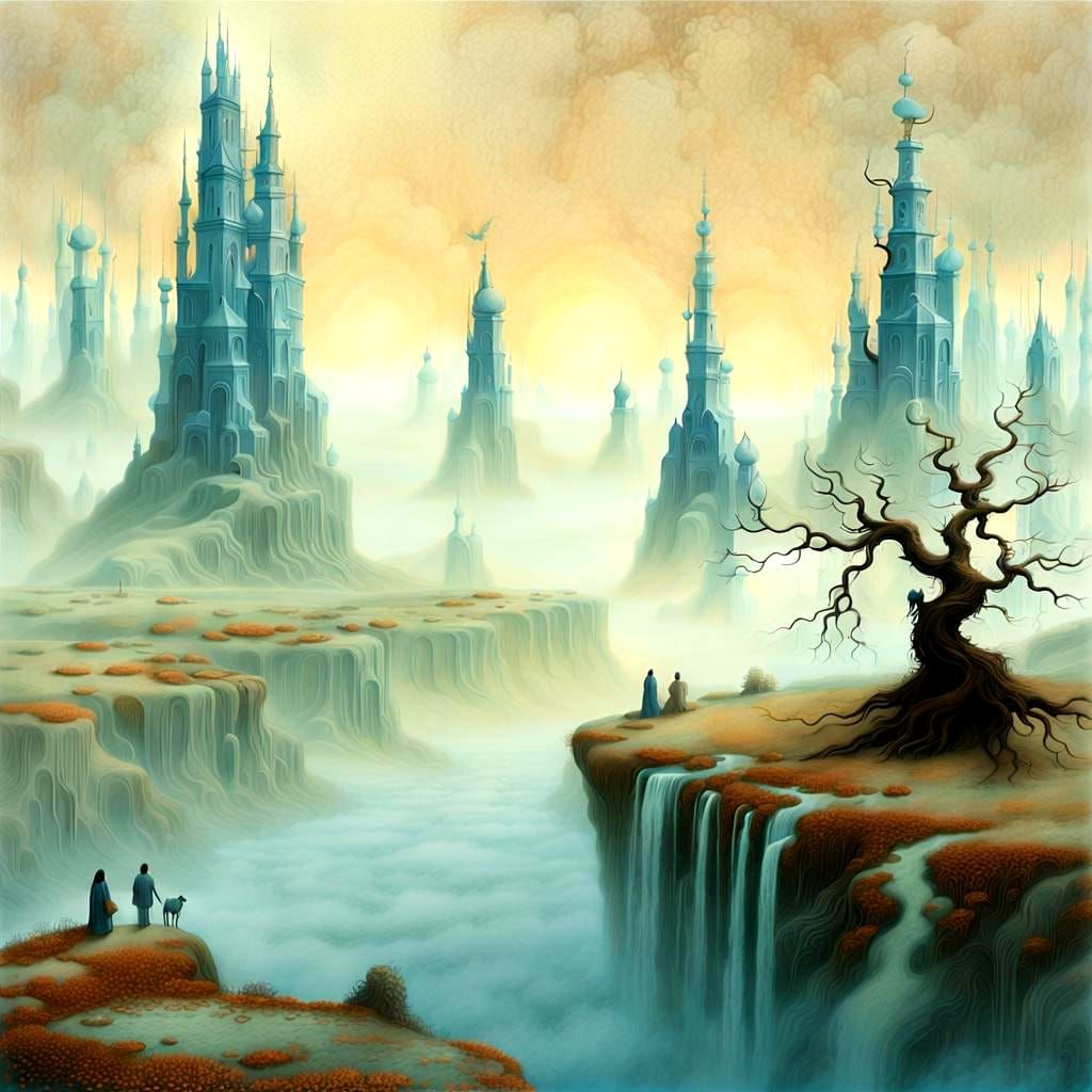 Dreamlike Landscape with Mythical Gods in Surrealist Style