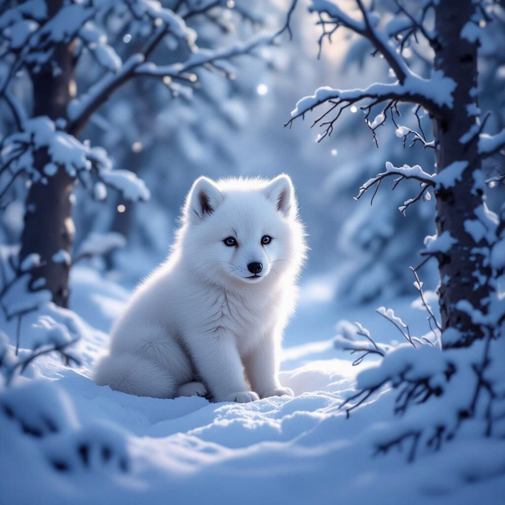 Adorable White Wolf Cub in Snowy Forest at Dawn