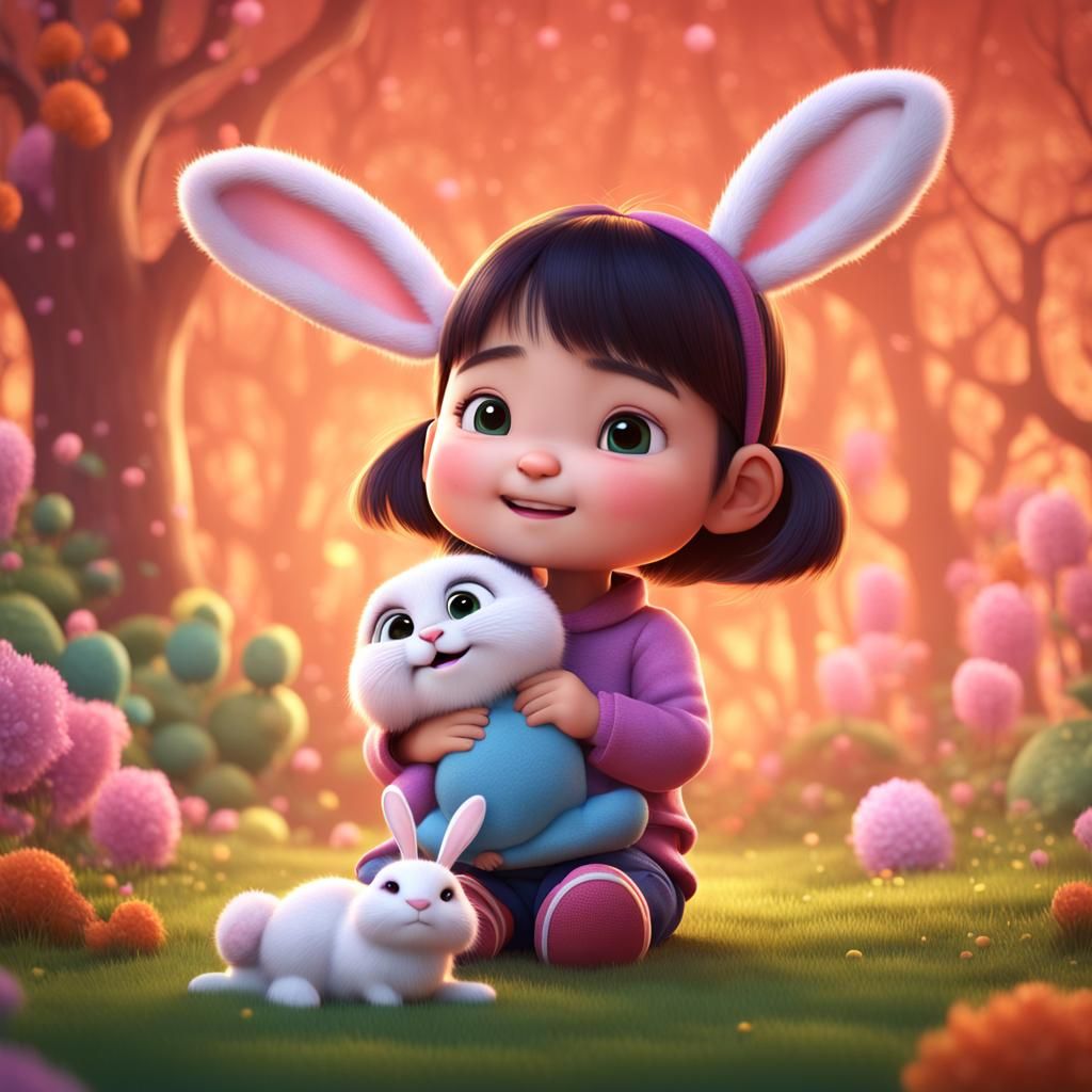 Cute Chinese Girl with Bunny: Pixar-Style 3D Art