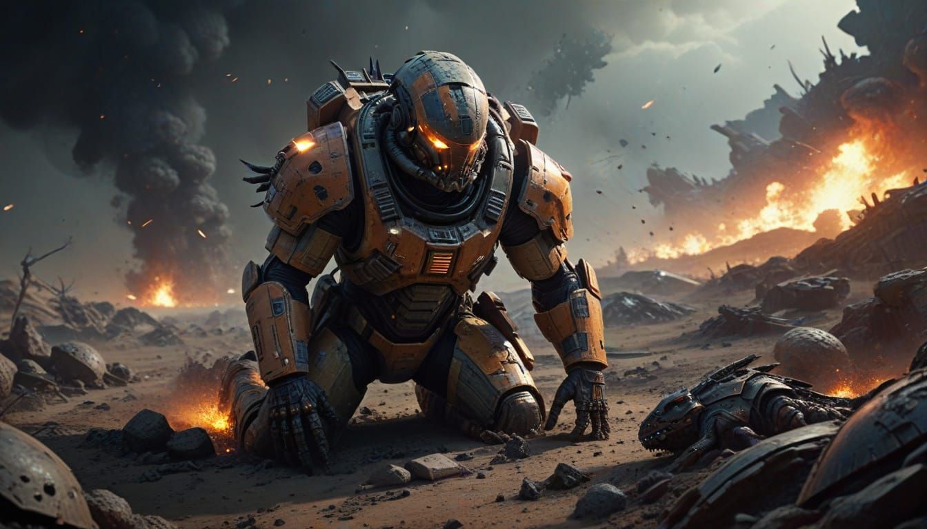 Wounded Commander Rises Amidst Alien Ruin in Cyberpunk Sci-F...