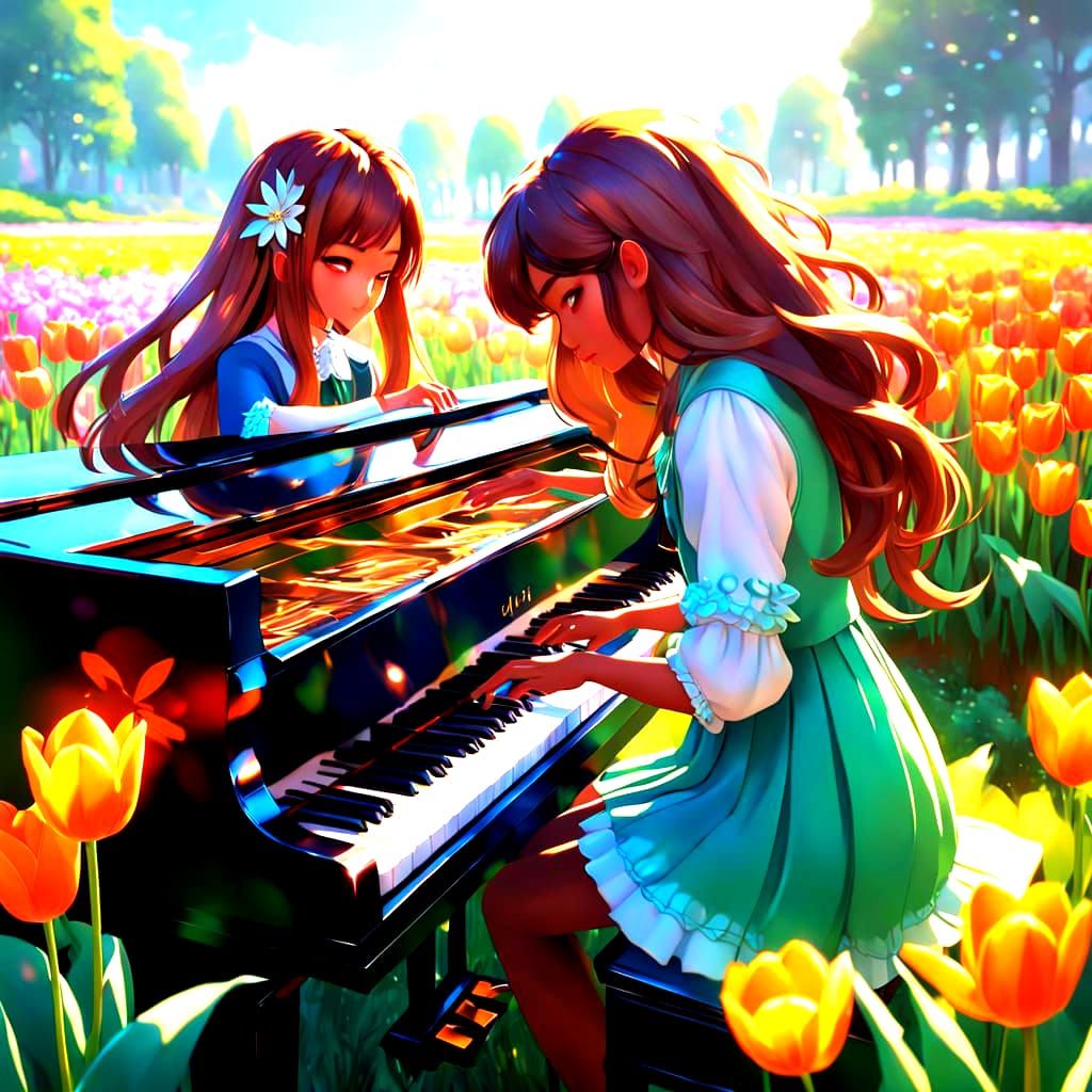 Black Youth Plays Piano in a Field of Tulips, as 3D Anime Ar...