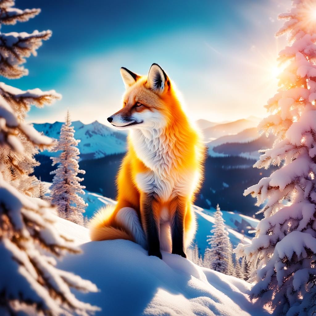 Double Exposure Fox in Snowy Mountain Sunset
