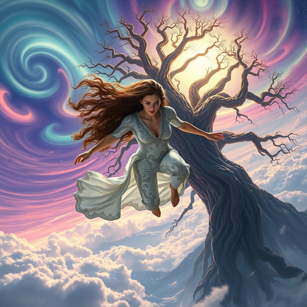 Ethereal Freefall in Vibrant Fantasy Landscape