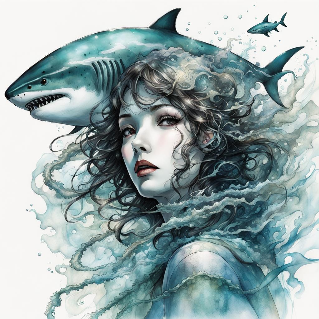 Biopunk Shark and Jellyfish Hybrid in Sea