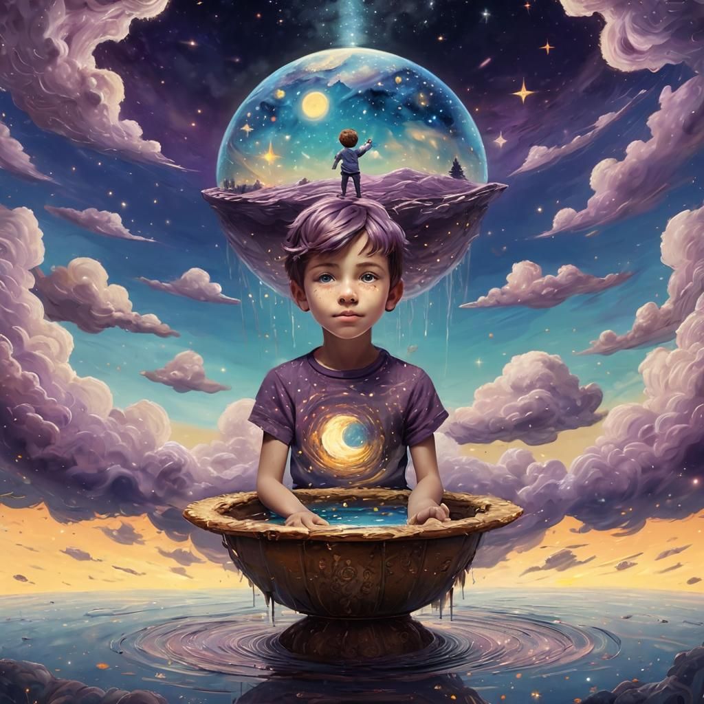 Boy Gazing at Milky Way in Starry Night Style