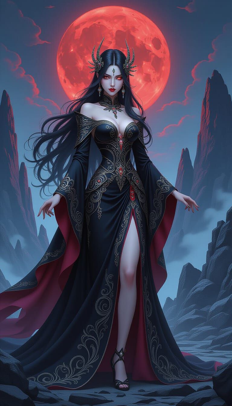 Anime Goddess in Ethereal Dark Fantasy Landscape