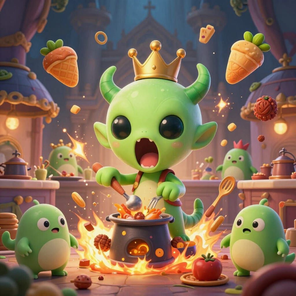 Chaotic Chibi Aliens Cooking Up a Storm in Castle Kitchen