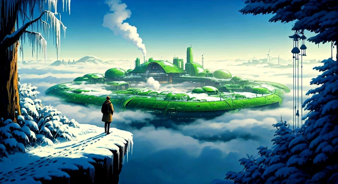 Frozen Sci-Fi Cityscape with Traveler: Anime Art