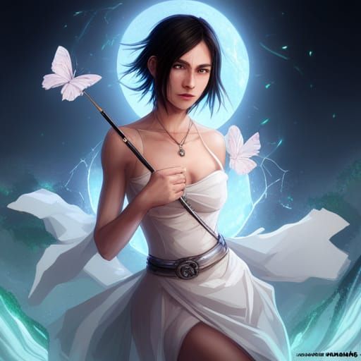 Lightning Woman Portrait with Black Butterfly, Digital Art