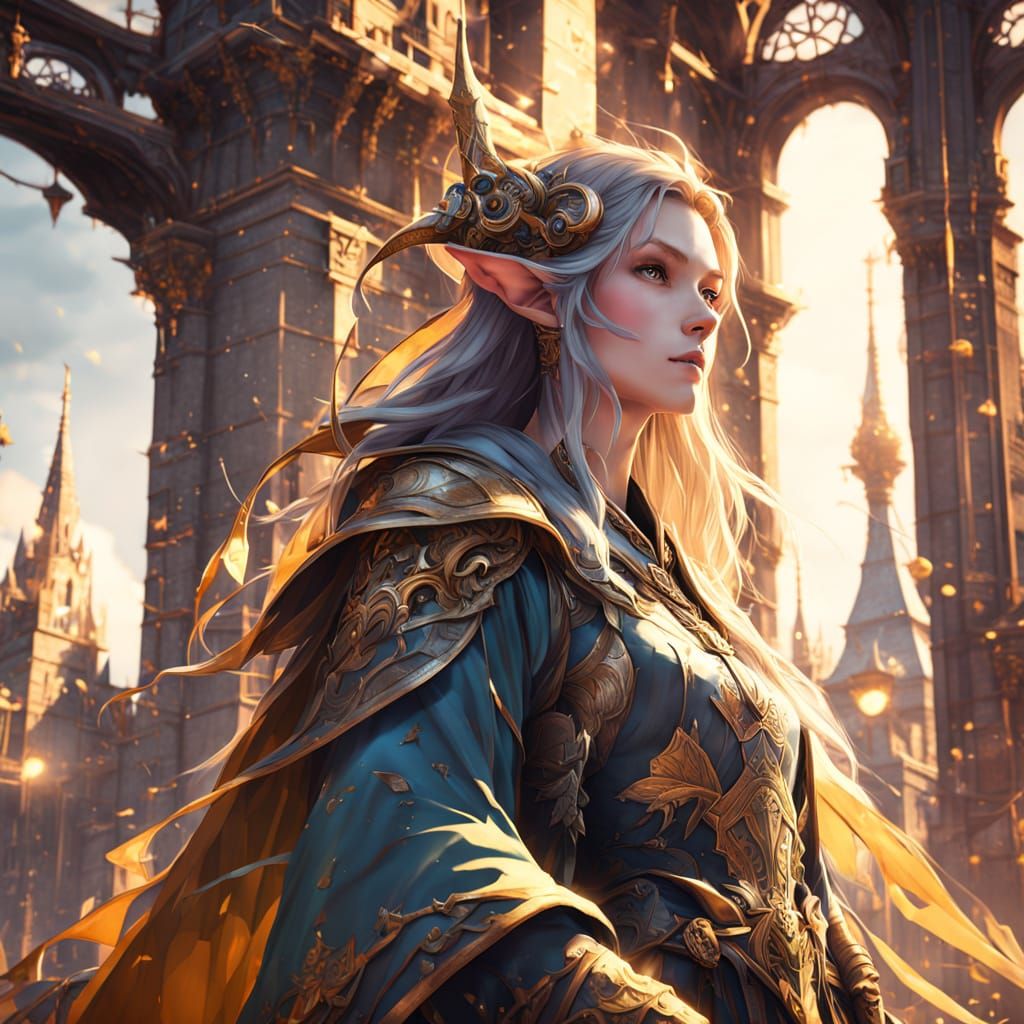 Elf Woman Watches from Tower: Anime Style