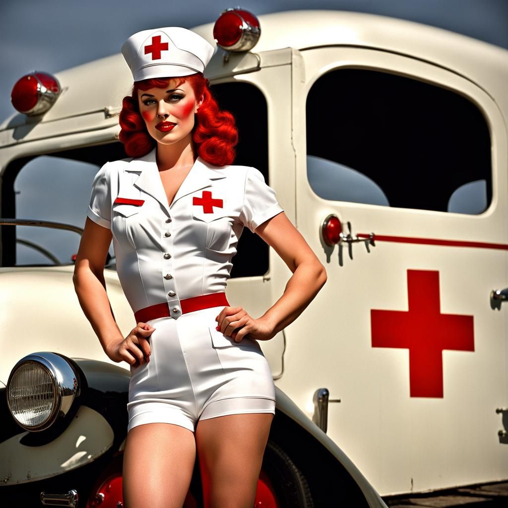 1940s Pin-Up Nurse by War Ambulance