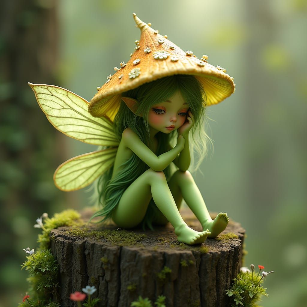 Whimsical Green Fairy with Mushroom Hat