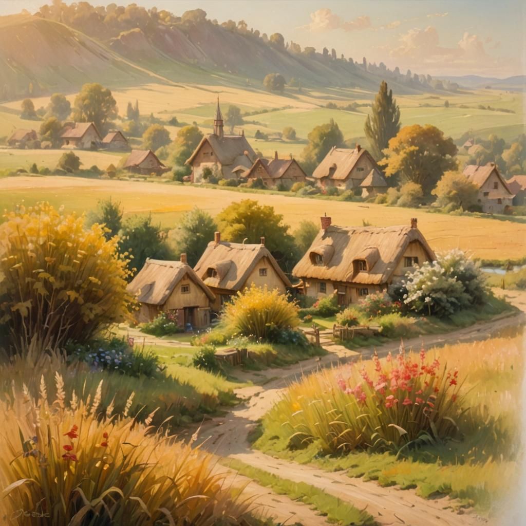 Idyllic Medieval Village in Oil Painting Style